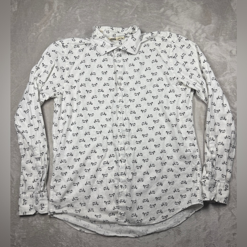 Maurizio Baldassari Men’s Novelty Moped Scooter White Black Button Up Shirt L